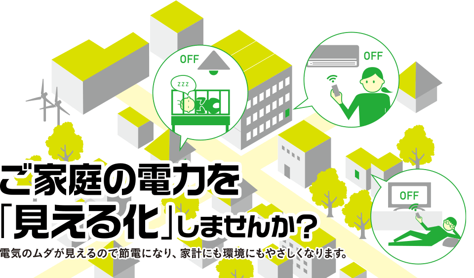 ご家庭の電力を「見える化」しませんか？　電気のムダが見えるので節電になり、家系にも環境にもやさしくなります。