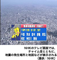 NHKのテレビ画面ではチャイム音とともに、地震の発生場所と地図などが表示される(提供:NHK)