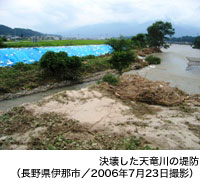 決壊した天竜川の堤防(長野県伊那市/2006年7月23日撮影)