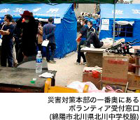 災害対策本部の一番奥にあるボランティア受付窓口(綿陽市北川県北川中学校脇)