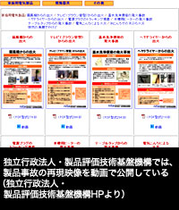 独立行政法人・製品評価技術基盤機構では、製品事故の再現映像を動画で公開している(独立行政法人・製品評価技術基盤機構HPより)