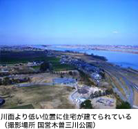 川面より低い位置に住宅が建てられている(撮影場所 国営木曽三川公園)
