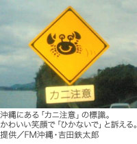 沖縄にある「カニ注意」の標識。かわいい笑顔で「ひかないで」と訴える。提供/FM沖縄・吉田鉄太郎